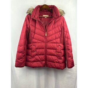 Michael Kors Red Puffer Jacket with Faux Fur Hood